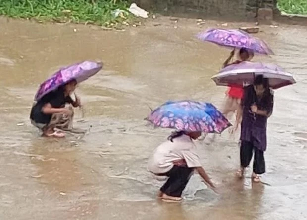 ভাবনাহীন শৈশব : বৃষ্টির মধ্যেই খেলছে একদল শিশু
